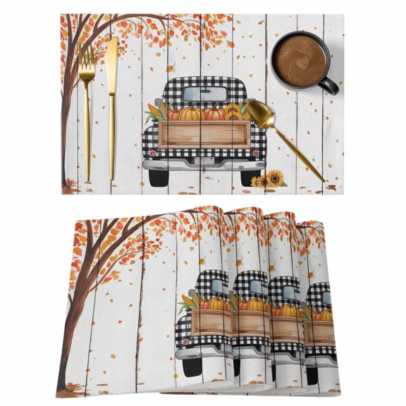 Fall Truck Placemats Set of 12, Thanksgiving Tree Maple Leaf Pumpkins Vintage Placemats for Dining Table, Place Mats for Kitchen Tabletop, Waterproof Wipeable Dining Table Mats Set