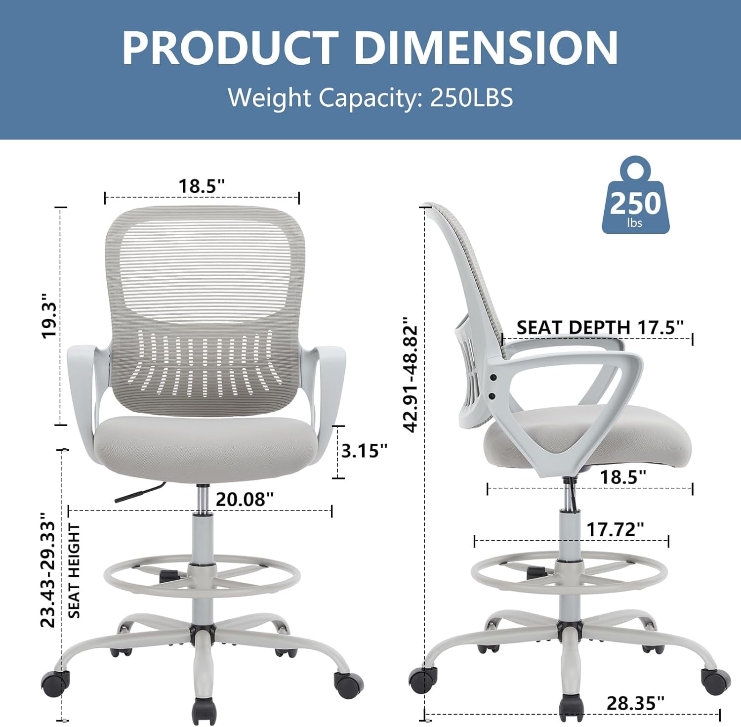 Ergonomic office chair, suitable for use with standing desks or bar counters, adjustable height, gray.