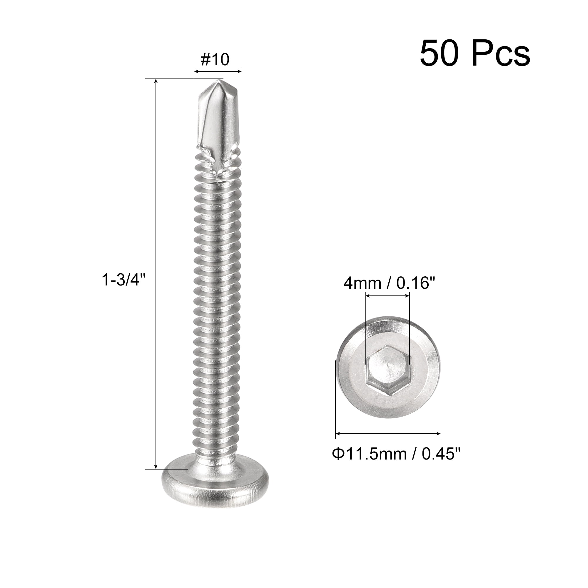 Unique Bargains Steel Sheet Metal Hex Socket Self Tapping Screws Silver 10 x 1-3/4"