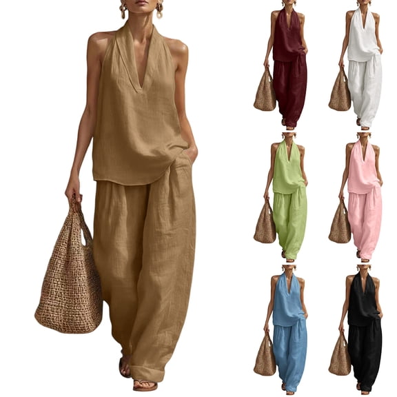2 Piece Sets for Women Sleeveless Halter Neck Linen Tank Top Causal Wide Leg Pants Matching Set Beach Vacation Outfits, M