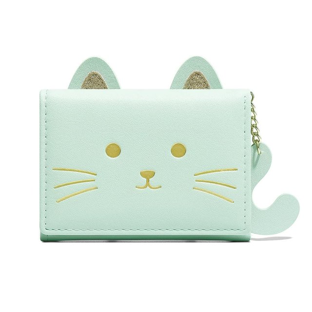 SUTENGDA Girls Cute 3D Cat Face Glitter Ears Wallet with Tail Tri-folded Wallet ID Card Case with Zipper Pocket PINK CAT