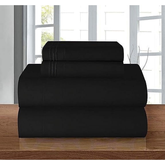 Elegant Comfort 4-Piece Bed Sheet Set, Three-Line Design 1500 Thread Count Quality Microfiber - Wrinkle and Fade Resistant - Deep Pocket, Queen, Black