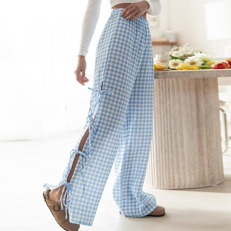 CHWGFWL Wide Leg Dress Pants for Women Women's Plaid Wide Leg Pants Summer  Mid Rise Gingham Pants Comfy Pajama Pants Side Slit Tie Pants Trousers  Women Dress Pants (Blue,L) - Walmart.com