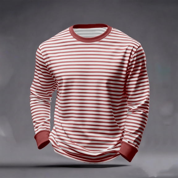 Men T-Shirts Striped Casual Print Long Sleeve T Shirt Comfortable Crew Neck Tee Soft Breathable Daily Wear Top Brown M