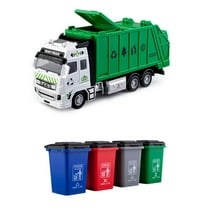Alloy Garbage Truck Toy, Boys & Girls Gifts, Kids DIY Assembly Friction Powered Side-Dump Garbage Toy with Light and Sounds, 4 Trash Cans, Age 3 