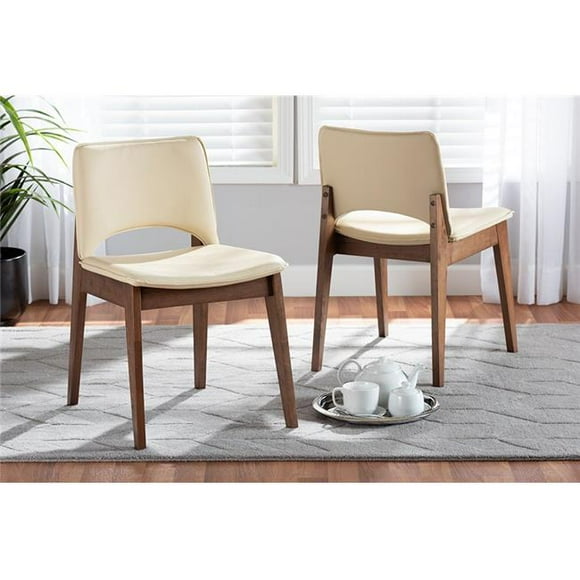 Wholesale Interiors RDC827-Beige-Walnut-DC Baxton Studio Afton Mid-Century Beige Faux Leather Upholstered Wood Dining Chair Set, Walnut Brown - Pack of 2