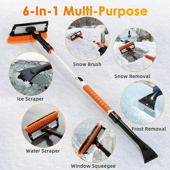 Extendable Snow Brush for Car and Ice Scrapers for Car Windshield, 360° Rotation Brush Head Snow Broom for Truck and SUVs with Ergonomic Foam Grip