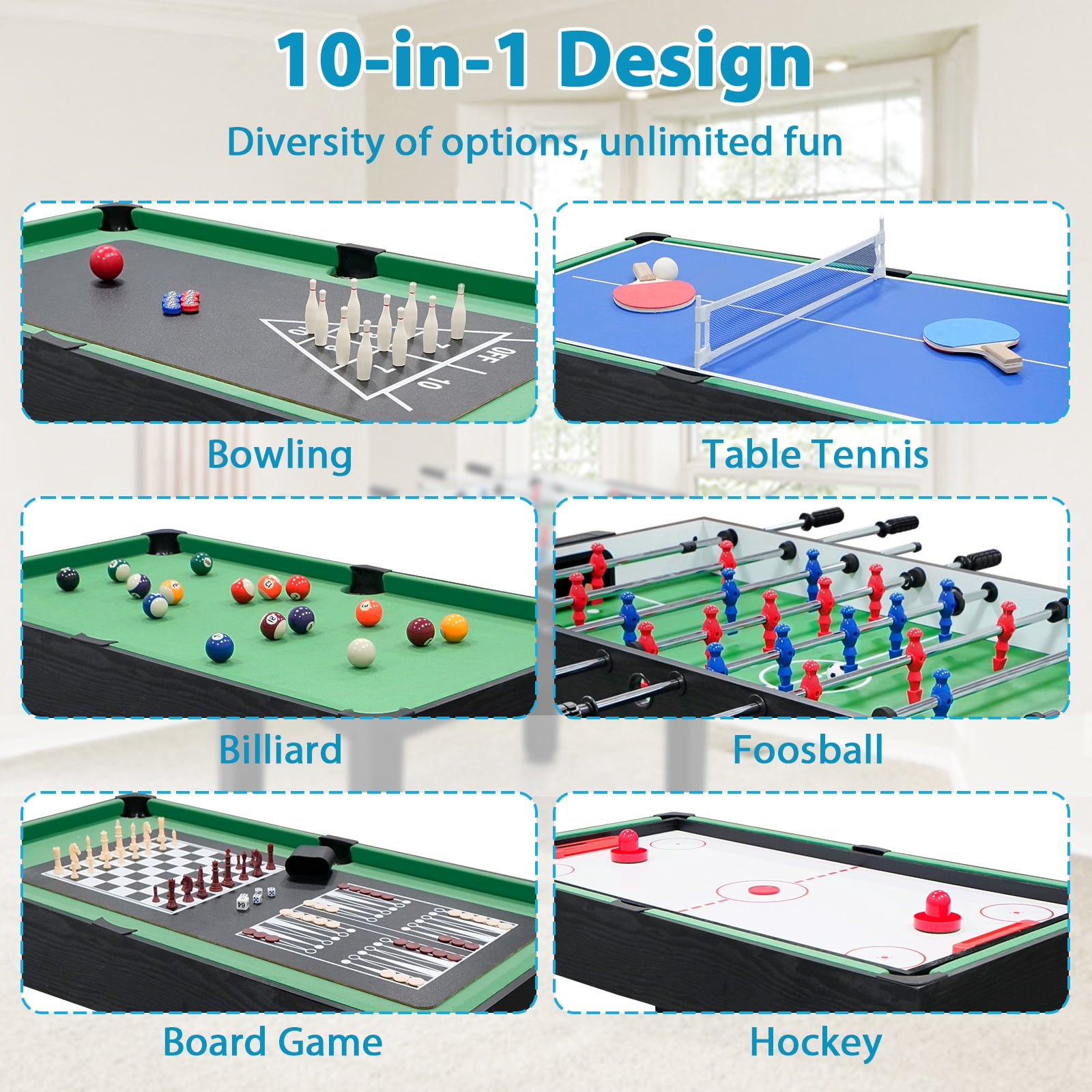 2x4ft 10-in-1 Combo Game Table Set for Home, Game Room, Friends & Family w/Hockey, Foosball, Pool, Shuffleboard, Ping Pong, Chess, Checkers, Bowling, and Backgammon