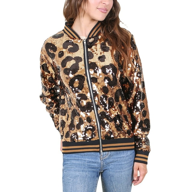 Veste à Fermeture Éclair devant à Paillettes à Manches Longues pour Femmes, Poignets Côtelés, Hauts d'Extérieur à Manches Longues