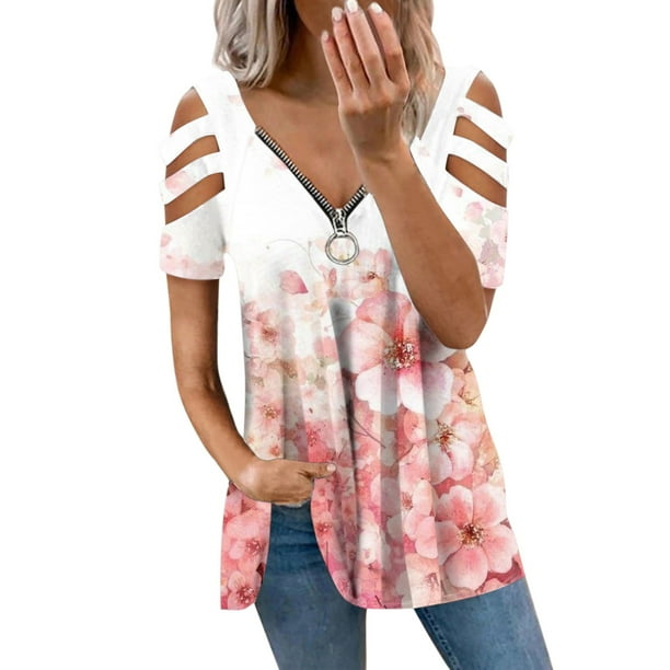 Top con cremallera y cuello en V de manga corta con hombros descubiertos para mujer con blusa recortada Pompotops hkajfhjk466101
