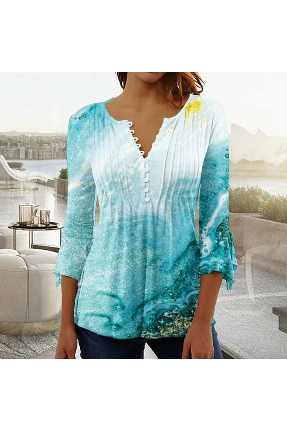 Womens Tops 3/4 Sleeve Misses Fold Printed Regular Misses V Neck Button Tops Summer and Fall Blouse