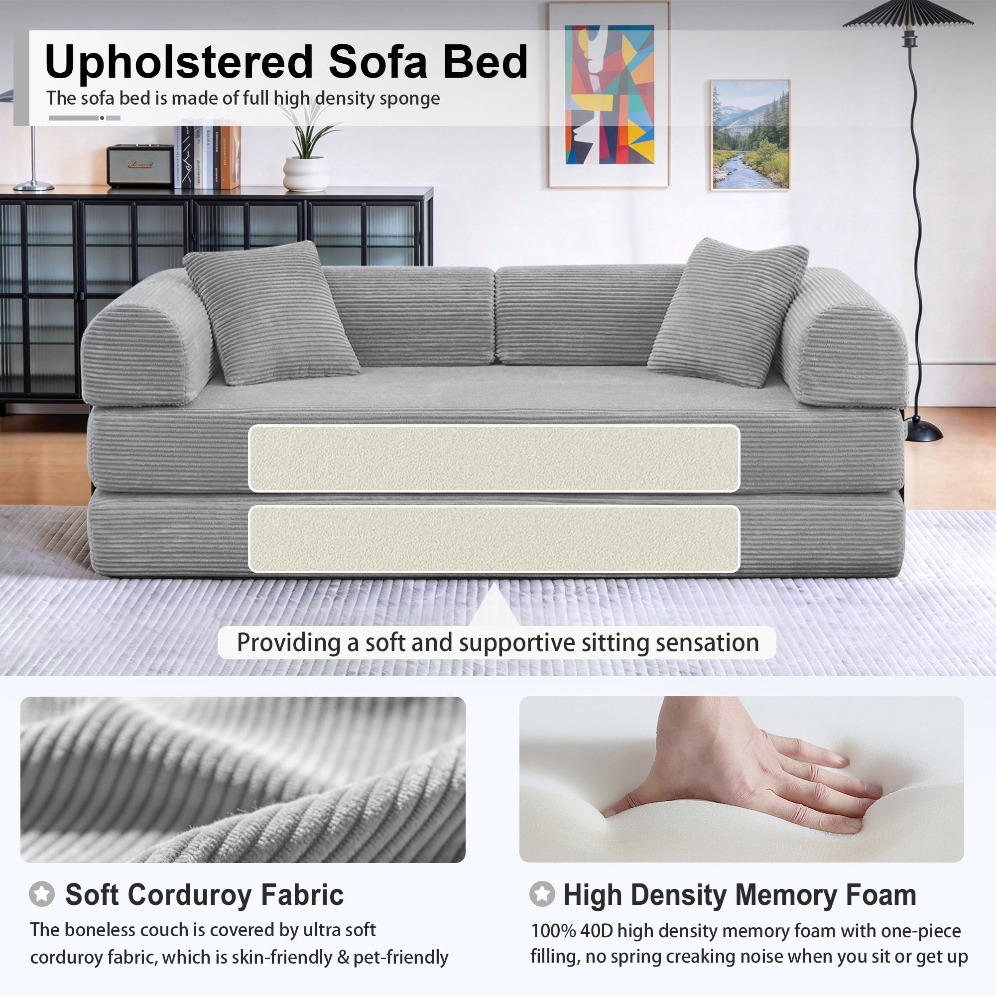 78" Boneless Convertible Sleeper Sofa Bed, Holaki Corduroy Compression Folding Sofa with Pillow & 3 Seat, Fixed-Shape Frame, Floor Sofas Lounge Couch for Living Room Bedroom Apartment, Light Gray