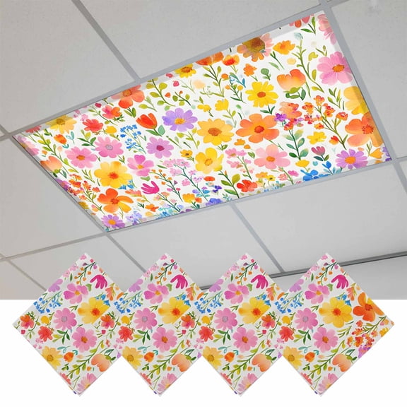 Spring Floral Fluorescent Light Covers, Watercolor Botanical Colorful Summer Magnetic Light Covers for Ceiling Lights, Fluorescent Ceiling Shade Filters for Classroom Bedroom Office 4x2Ft x 4PCS