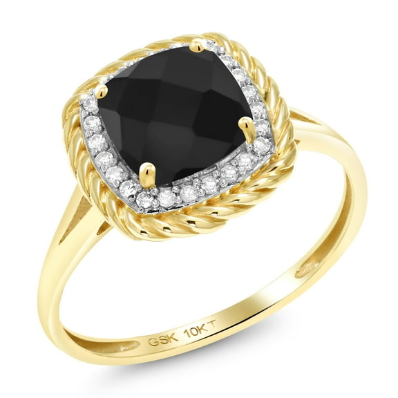 Gem Stone King 10K Yellow Gold Black Onyx and White Diamond Engagement Ring for Women (1.63 Cttw, Cushion Cut 7MM, Gemstone Birthstone, Available in Size 5, 6, 7, 8, 9)