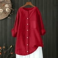 thumbnail image 5 of YUGYXL Women's Solid Collared Linen Shirts Lightweight Fall Winter Tops Long Sleeve Button Down Casual Blouses Red L, 5 of 8