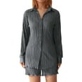 thumbnail image 1 of Honganda Women Casual 2 Pcs Clothes Set Solid Color Ruched Long Sleeve Button Down Shirts with Shorts Suit, 1 of 7
