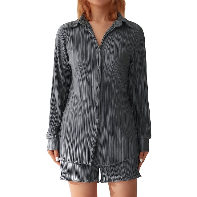 Honganda Women Casual 2 Pcs Clothes Set Solid Color Ruched Long Sleeve Button Down Shirts with Shorts Suit