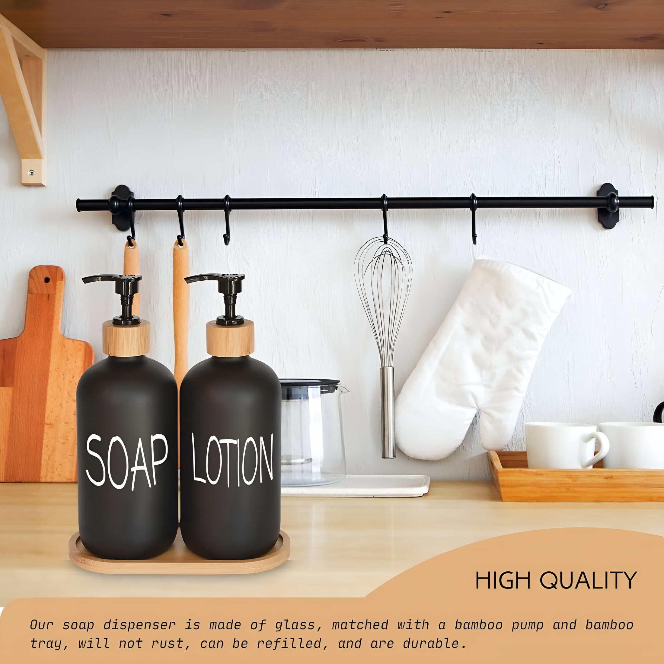 ACDANC Black Soap Dispenser Bathroom Set,Set with Glass Dispenser,Bamboo Pumps & Tray. Hand and Lotion Suitable for Farmhouse Decor