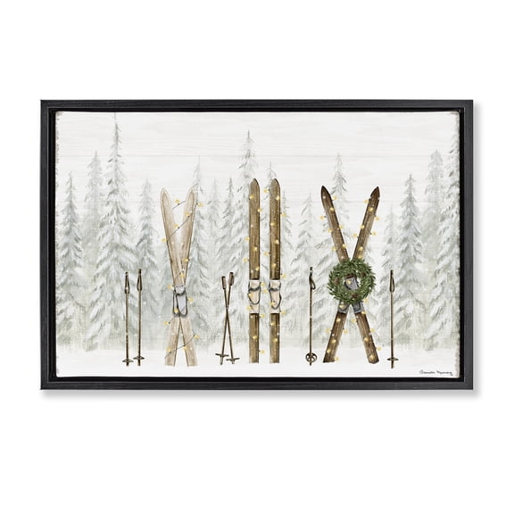 Stupell Industries Pine Lodge Ski Motif Sports & Sports Teams Painting Black Floater Framed Canvas Art Print Wall Art, 25 x 17