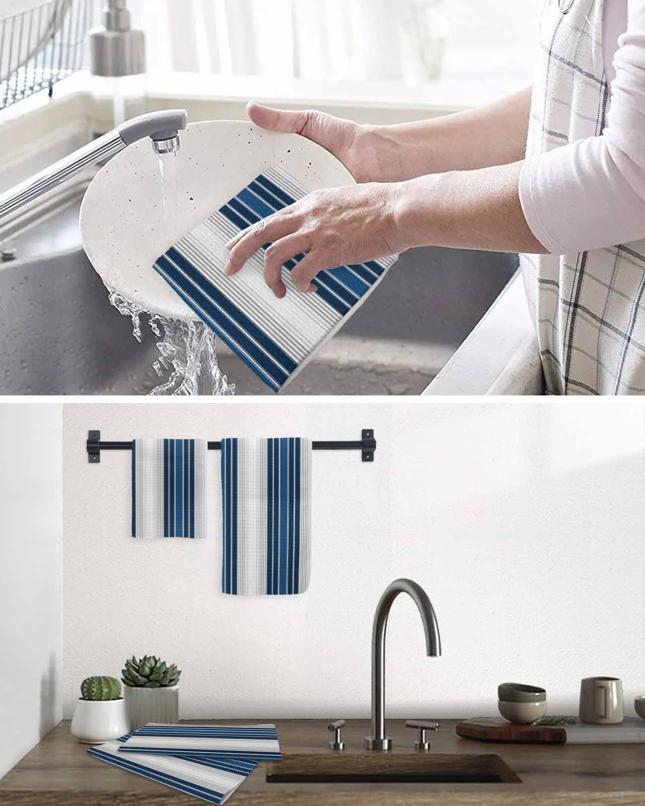 Lake Blue Stripes Kitchen Dish Towels for Drying Dishes Set of 4, Minimalist Abstract Vertical Lines Waffle Weave Microfiber Terry Hand Tea Bathroom Towels Quick Dry & Absorbent Towel 15.7x23.6