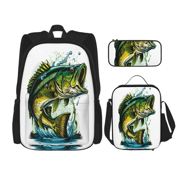 Balery Big bass fish Mochila escolar 3 en 1 para niños: mochila resistente con lonchera térmica y estuche para lápices. Mochila escolar para niños y niñas.