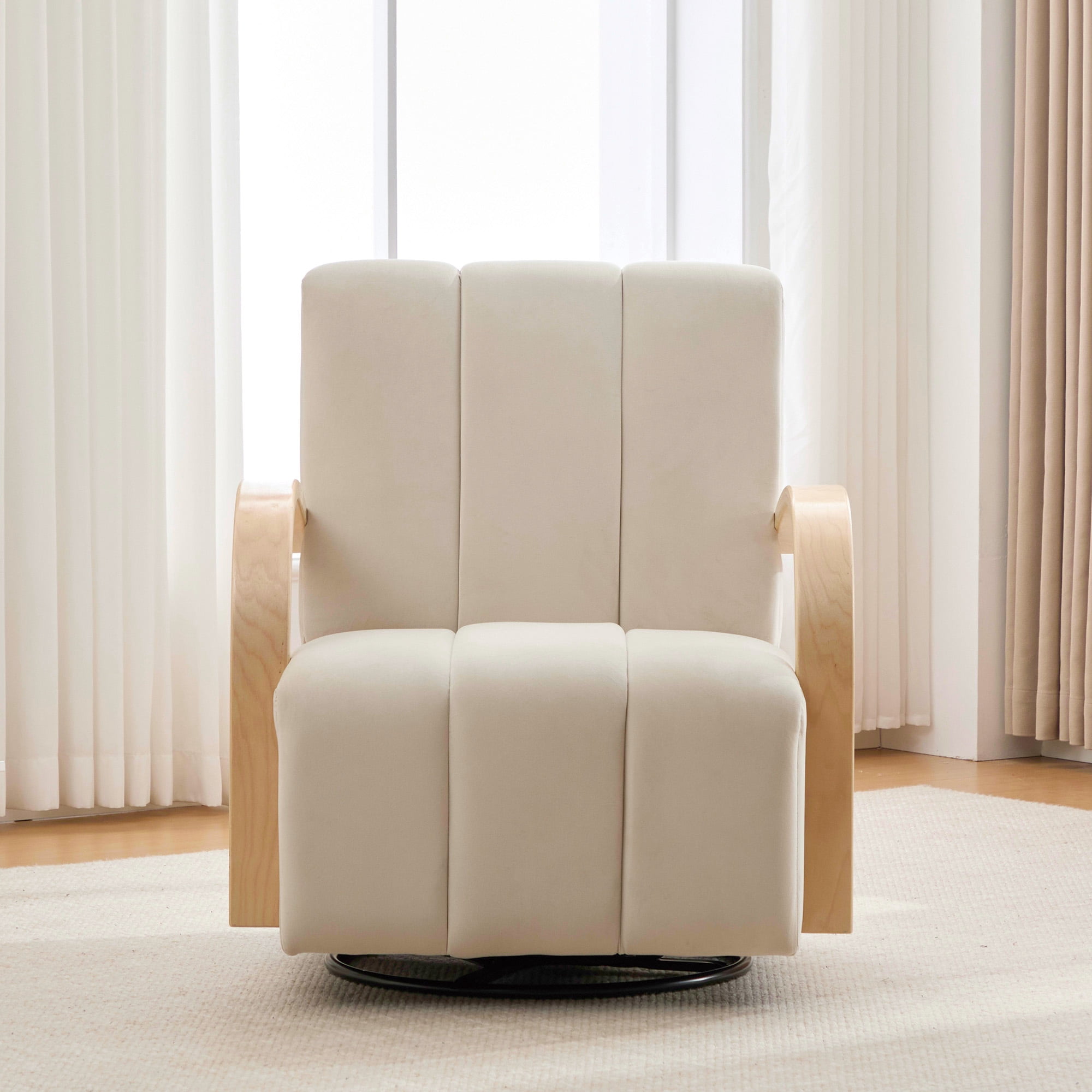 360° Swivel Accent Chair with Solid Wood Armrests,30.7"W Velvet Lounge Reading Chair Single Sofa Armchair for Bedroom Living Room Office,Beige