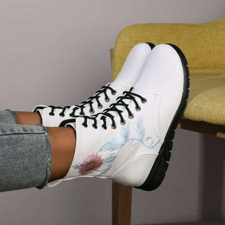 

Women‘s Floral Print Ankle Boots Flat Lace Up & Zipper Combat Boots Solid Color Round Toe Shoes