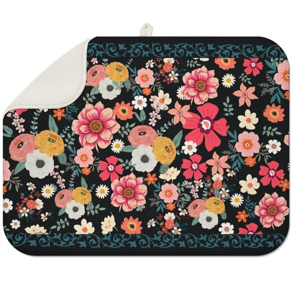 Boho kitchen drying mat 18x24 Inch, durable microfiber fabric with vibrant floral prints, designed for everyday use and moisture control