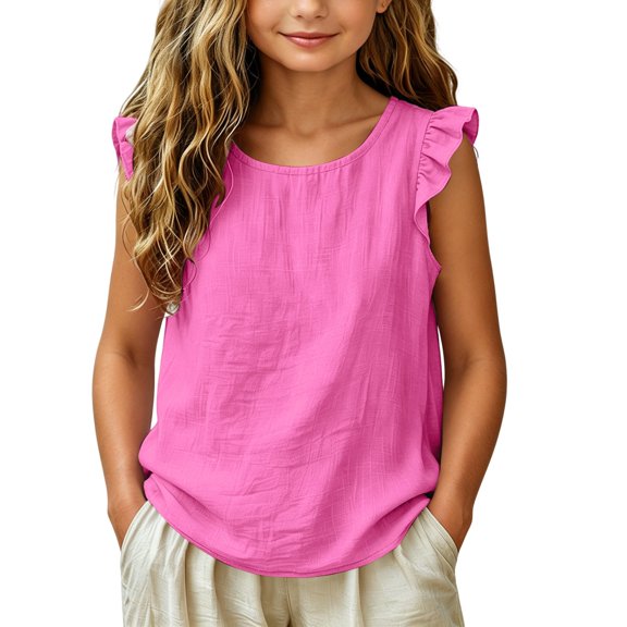 EnJoCho Girls Ruffl𝖾 Sleeveless Tank Tops Summer Cotton Linen T-Shirts Casual Crewneck Tees Tops Basic Blouse Kdis Girl Cute Shirts Little Girl Oversized T-Shirt