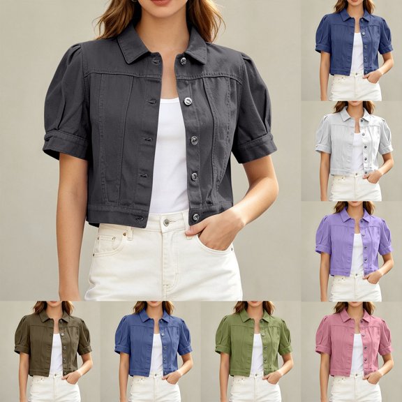 jiaxiM Lightweight Jacket Women Casual Short Sleeve Denim Jacket Puff Sleeves Button-Down Loose Fit Denim Jacket