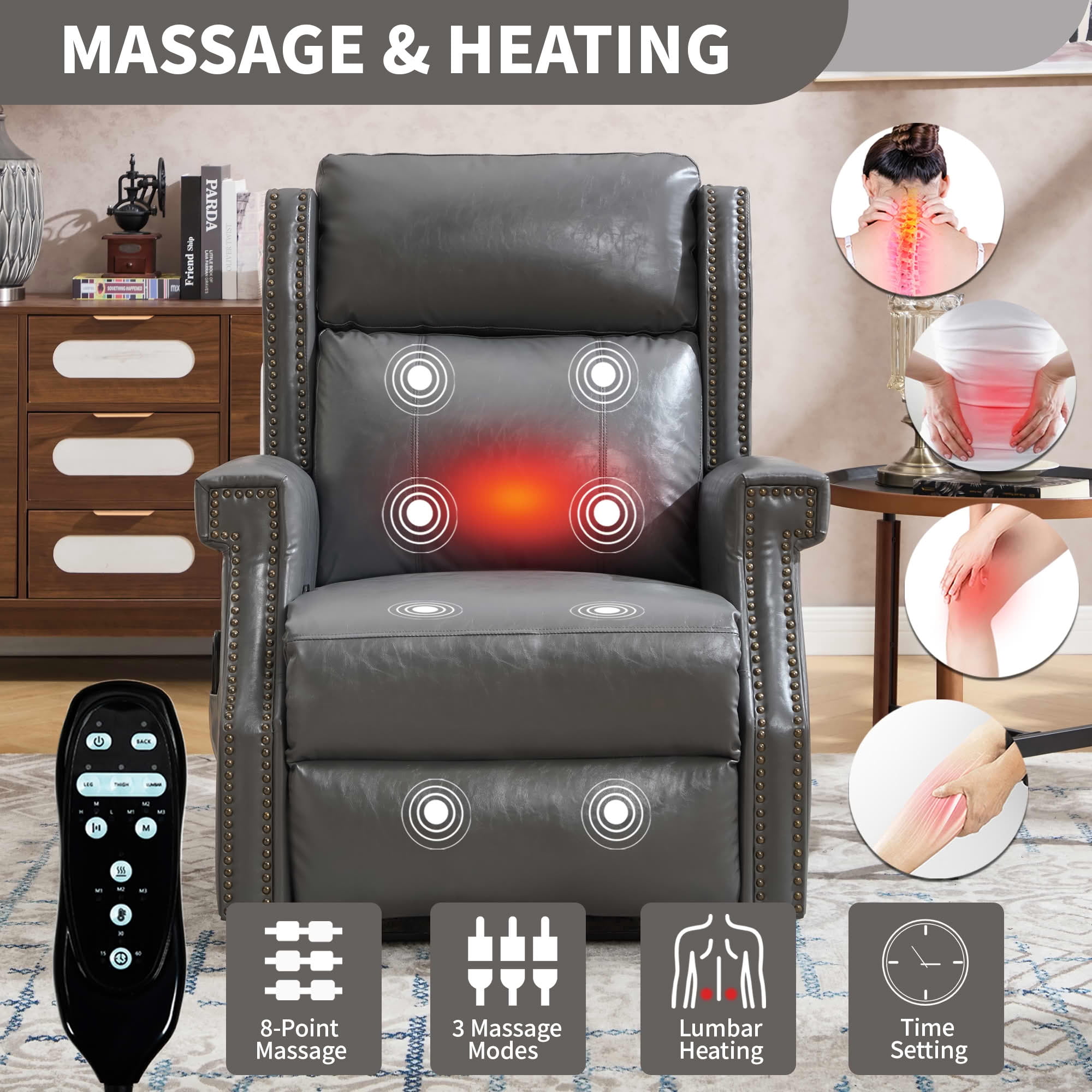 MAYEERTY Gray Faux Leather Manual Recliner Chair, 8 Nodes Massage Heat 155° 35"x38"x40" for Living Room