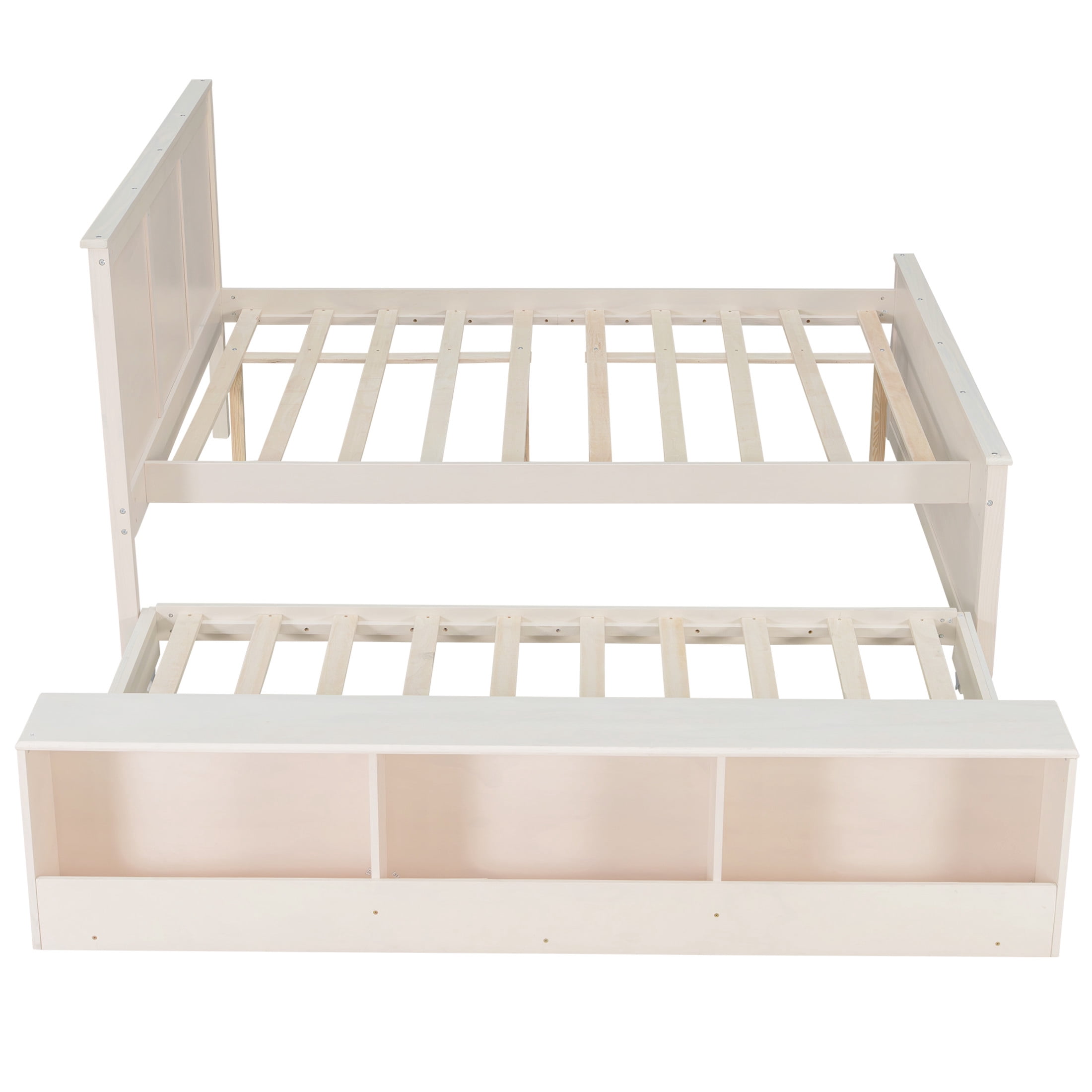 Noble House Brevon Full Size Extendable Platform Bed with Built-in Storage Cabinet, Pine Wood Frame, Cream White