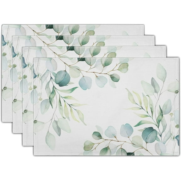 Sage Green Placemats Set of 4 Washable Non-Slip Heat Resistant 12×18 Inch Spring Watercolor Eucalyptus Leaves Thick Place Mats Decorative Linen Fabric Table Mat for Dining Table Kitchen Home Decor