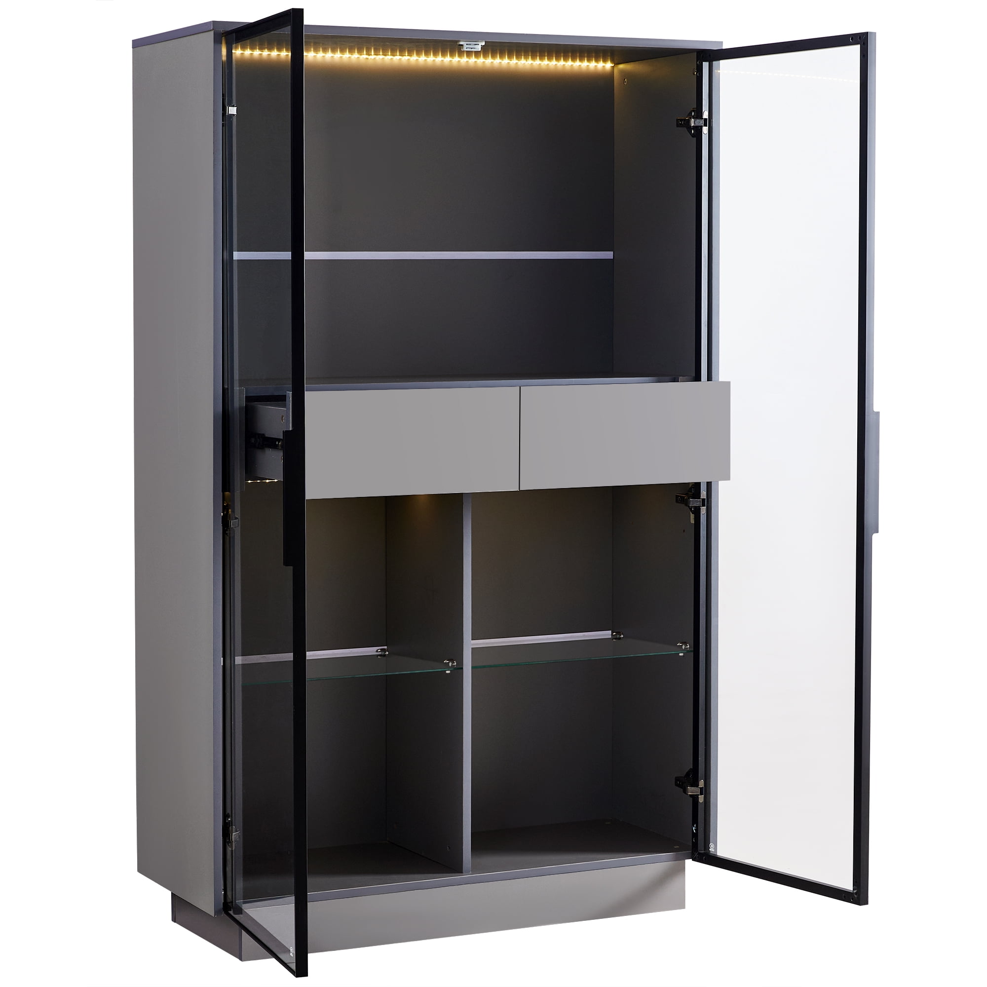 Euroco Modern Narrow LED Glass Display Cabinet with 2 Adjustable Shelves and Storage Drawers, Tempered Glass Doors, 21.6” Wide Showcase