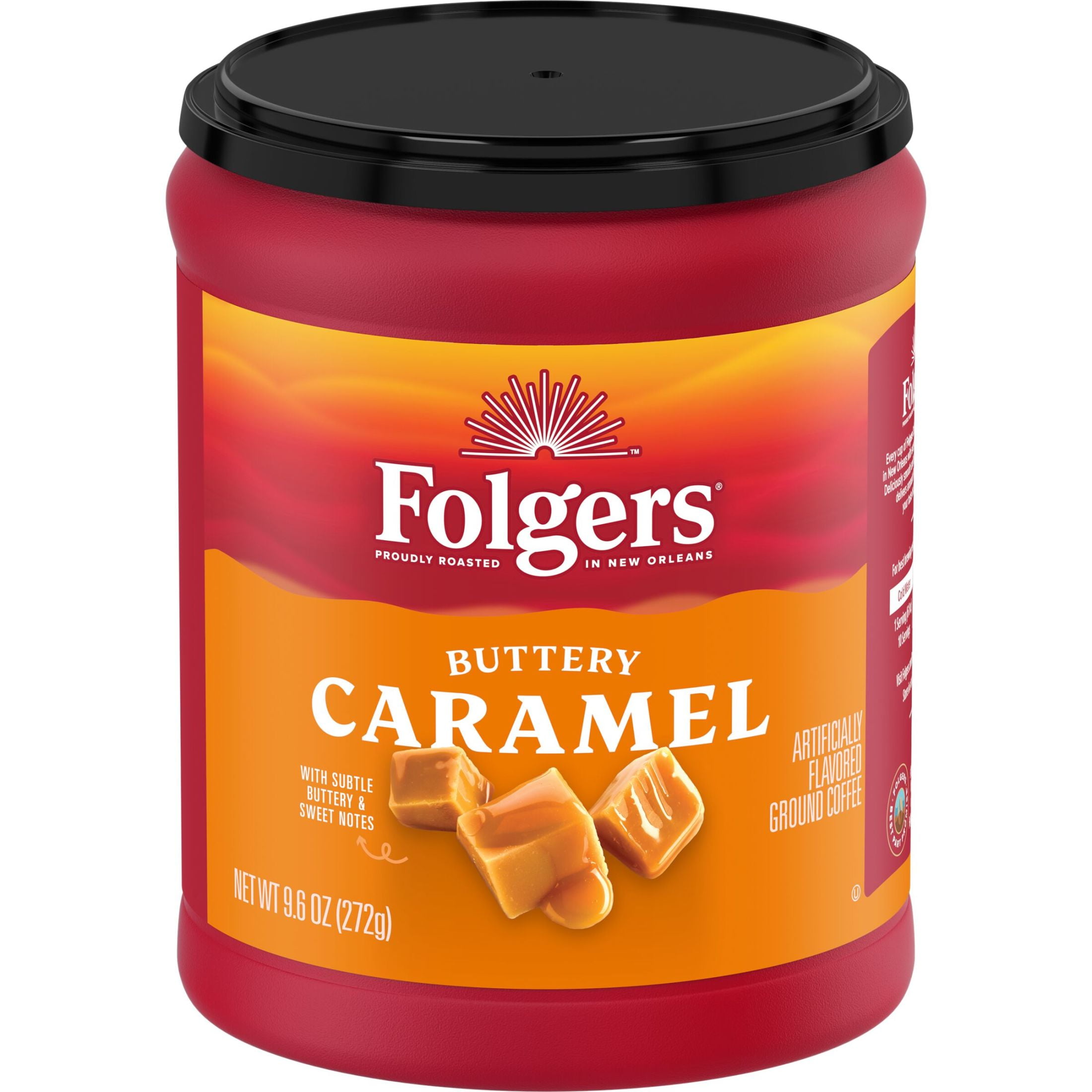 (6 pack) Folgers Buttery Caramel Artificially Flavored Ground Coffee, Medium Roast, 9.6 oz Canister