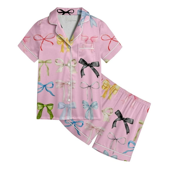 SonxaHe Toddler Girl's Sleepwear Outfits Bow Print Short Sleeve Top Shorts Child Soft Satin Nightwear Homewear Outfits Pink,Sized 2-3