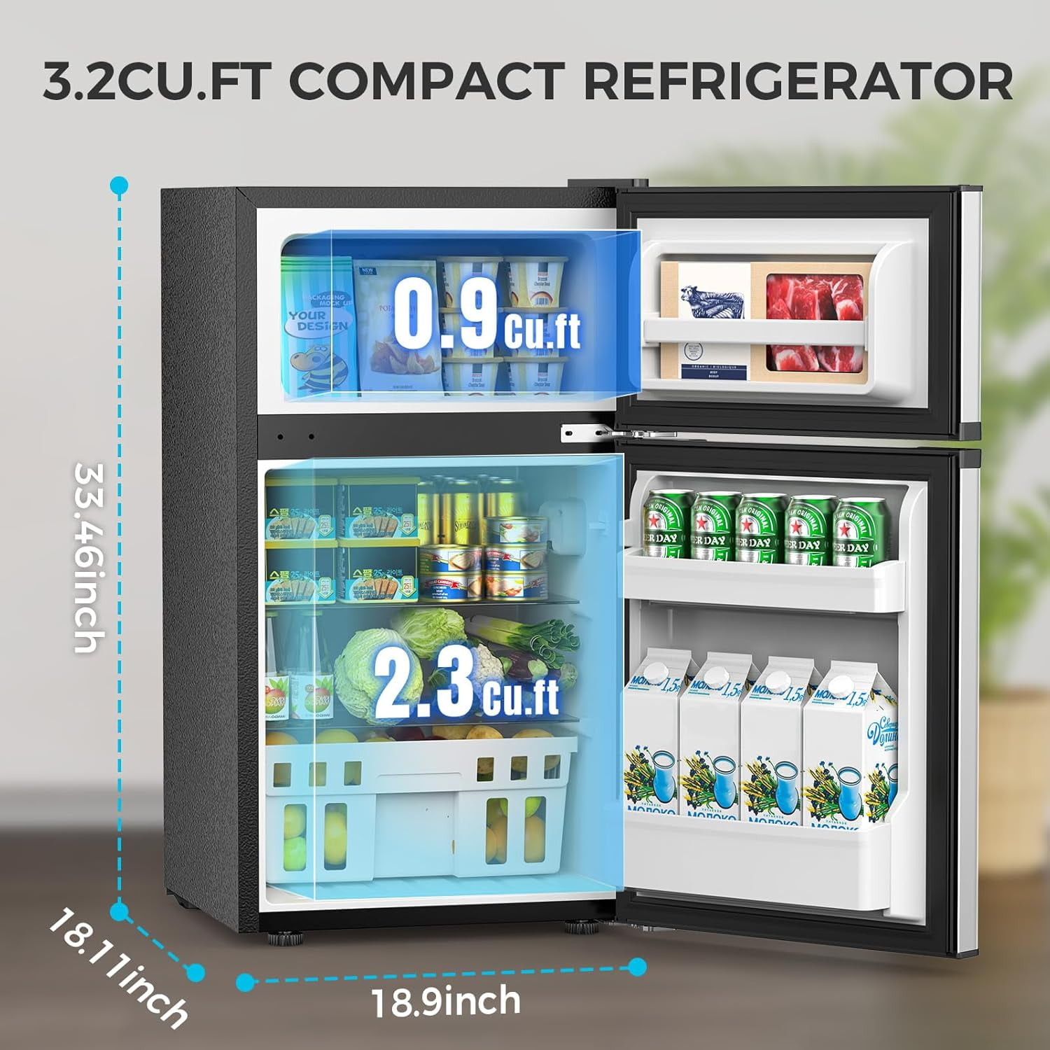 WAA 3.2 Cu.Ft Silver Mini Fridge with Freezer,Adjustable Thermostat Ideal for Bedroom,Dorm,Office,Bar & RV