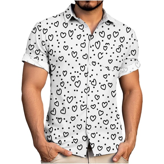COSFO Love Heart Mens Short Sleeve Button Down Shirts Valentine's Day Tops Relaxed Fit with Pocket Collared Funny Mens Shirts