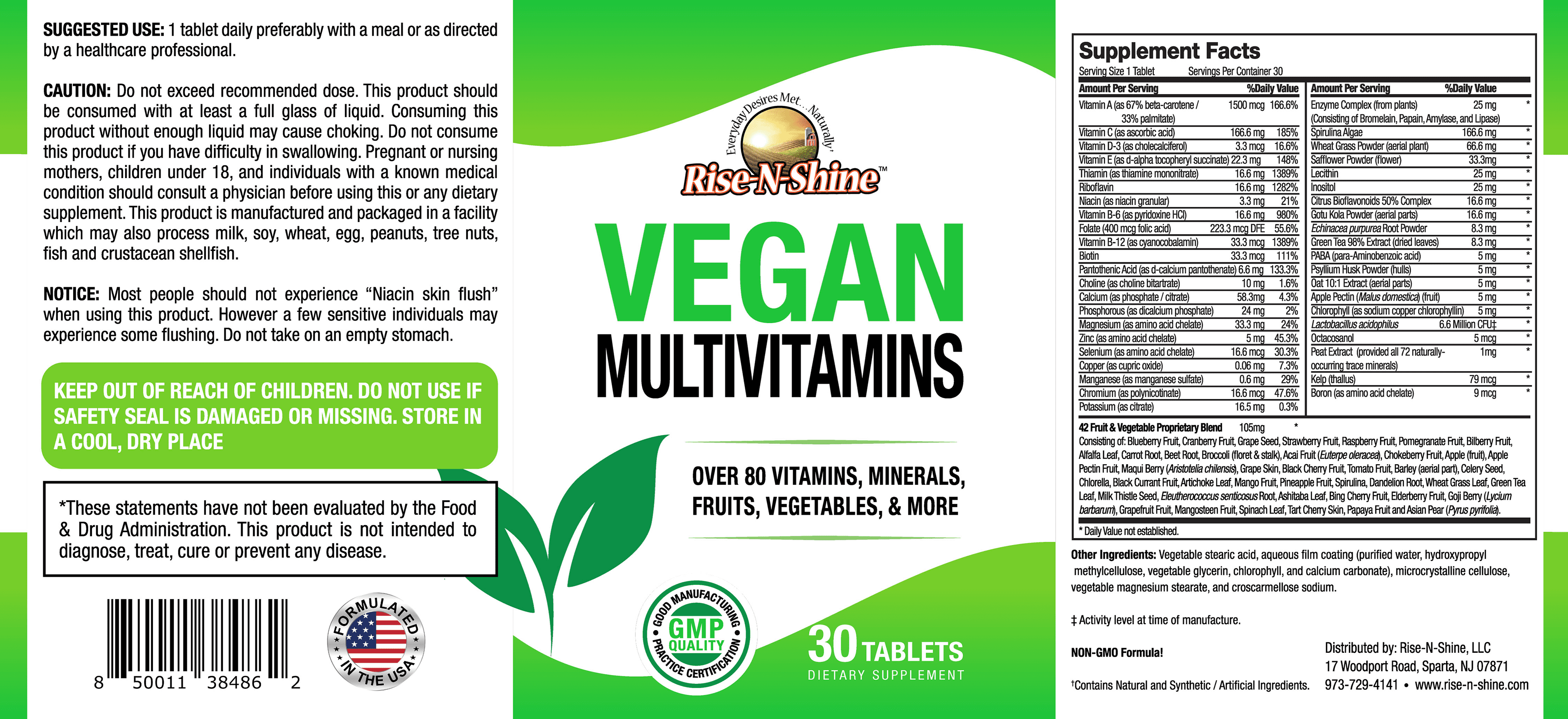 Rise-N-Shine Vegan Multivitamins, Minerals, Spirulina, Vitamins Blend, 30 Count