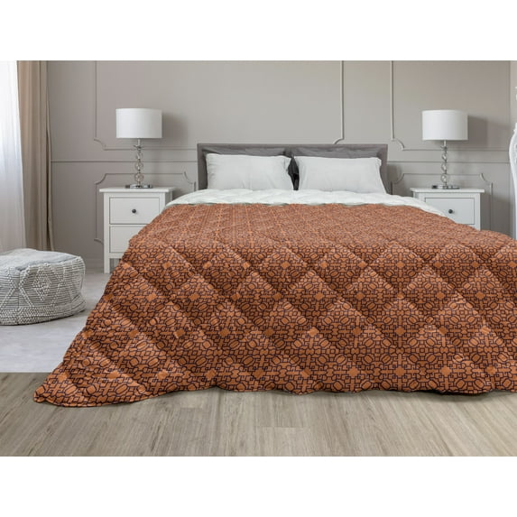 Bohemian Down Alternative Comforter, Ethnic Geometric Flower Detailed Pattern of Line Art Cell Look, Microfiber Quilt for All Season, 5 Sizes, Burnt Orange and Dark Purple, by Ambesonne