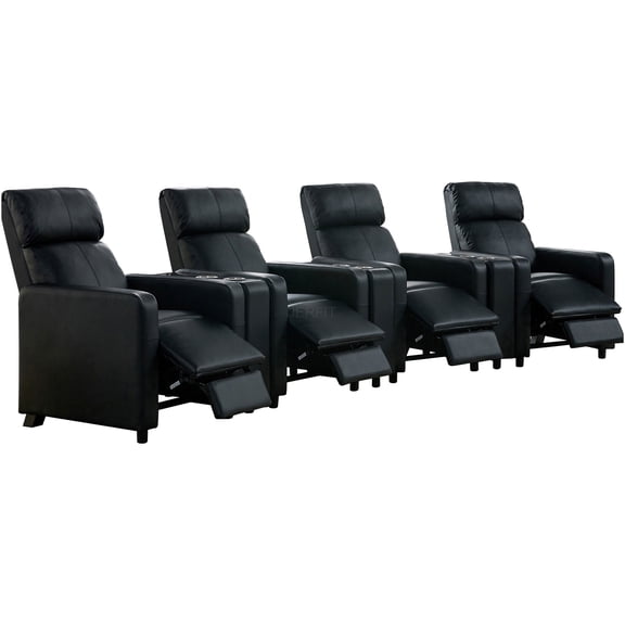 JERFIT 4-Seater Home Theater Recliner Sofa Set with Cup Holder Consoles, Black Upholstered Seating for Media Room