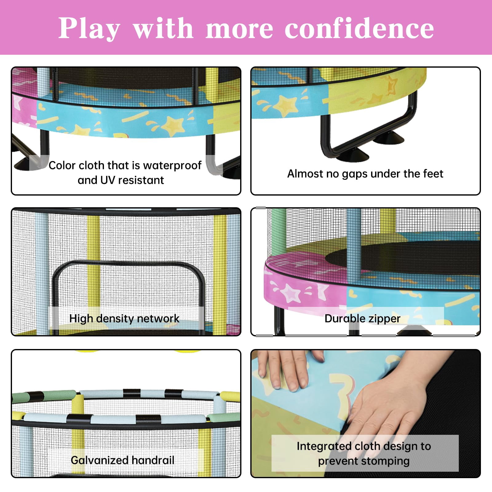 Baxluxe 55" Kids Trampoline with Safety Net, 7-in-1 Adjustable Height Design, 500lbs Weight Capacity for Indoor & Outdoor Use, Fun Mini Trampoline for Children Ages 3-8 Years Old, Colorful