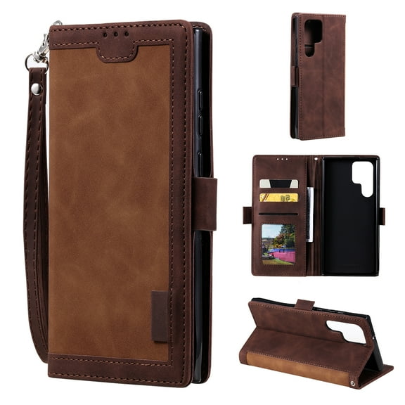 SaniMore for Samsung Galaxy S23 Ultra Case with Wristlet Strap PU Leather Shockproof TPU Shell Card Slots Cash Pocket Flip Kickstand Magnetic Closure Full Protective Business Wallet Cover, Brown