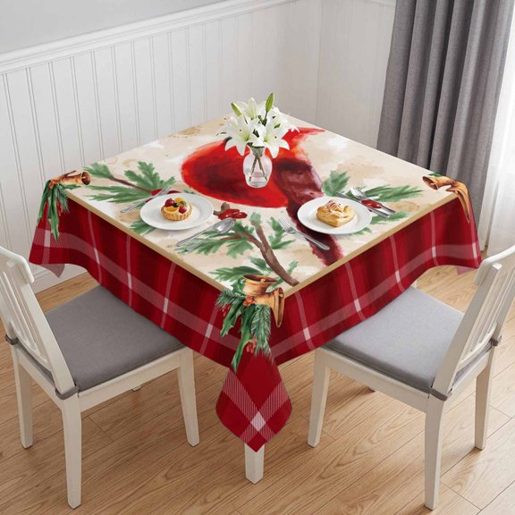 Christmas Cardinal Table Cloth Waterproof Tablecloths, Winter Red Bird Vintage Xmas Berry Leaf Tablecloth Dining Table Cover for Kitchen Party Tabletop Outdoor, Square Tablecloth 54x54 Inch