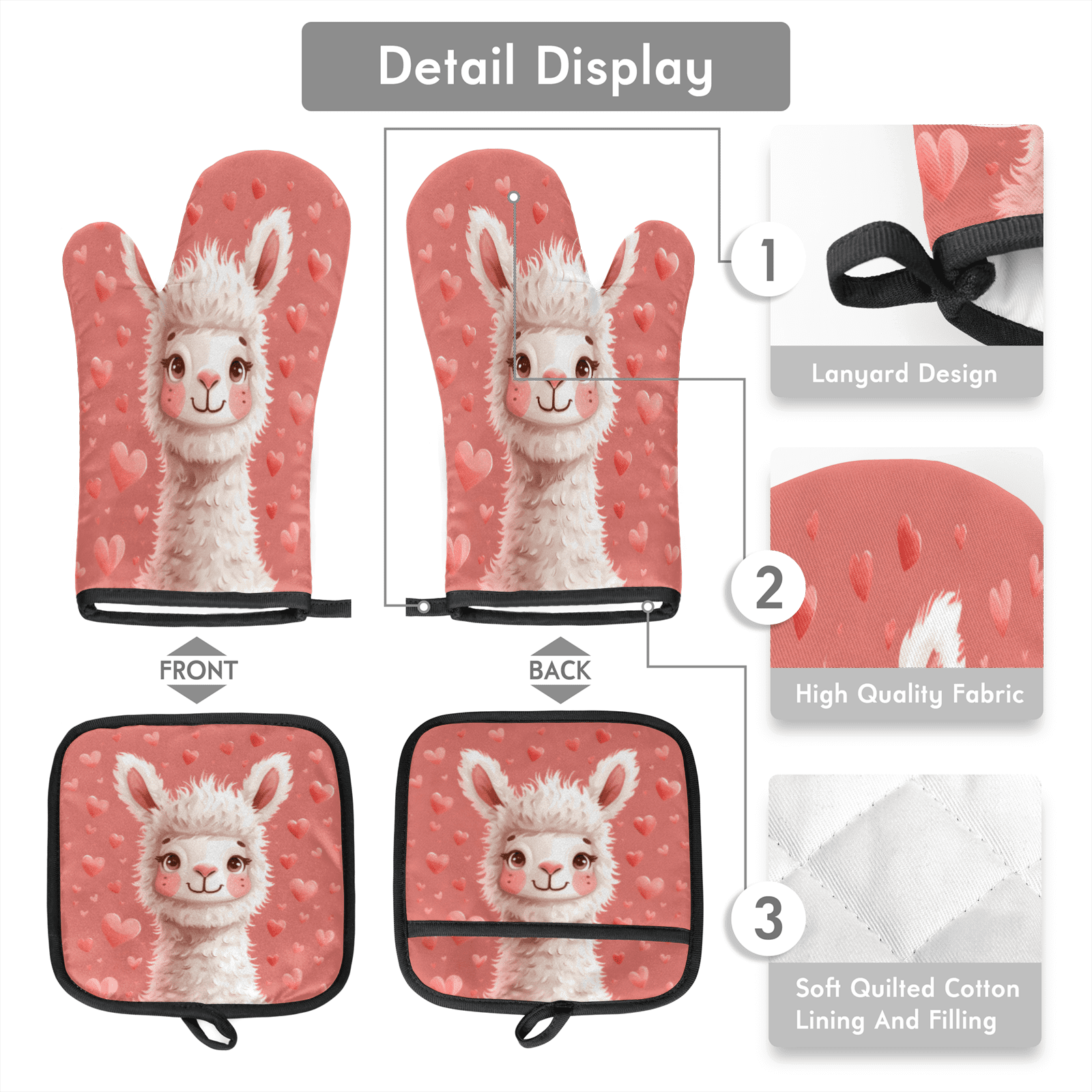 CURLYOOT Cute Animal Alpaca Llama Oven Mitts and Pot Holders Sets of 2, Non-Slip Washable Hot Pads and Oven Gloves for Kitchen Cooking Baking