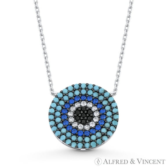 Evil Eye Charm Nano & CZ Crystal 18mm Pendant & Chain Necklace in .925 Sterling Silver w/ Rhodium