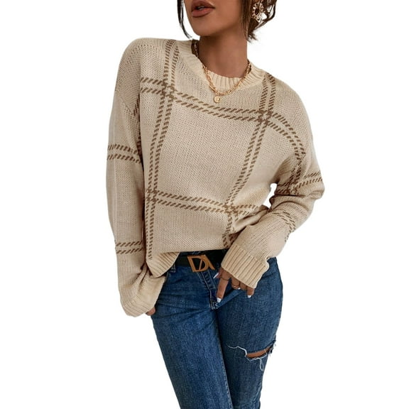 Women's Khaki Plaid Pattern Knitted Long Sleeve Drop Shoulder Sweater | [ZhiHiMeRi] | (US 12-14)L