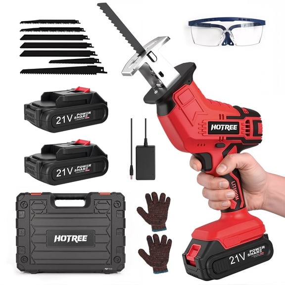 HOTREE Cordless Reciprocating Saw, Variable Speed, 2 x 2.0Ah Batteries, Blades Kit for Wood, Metal, PVC Cutting, Red