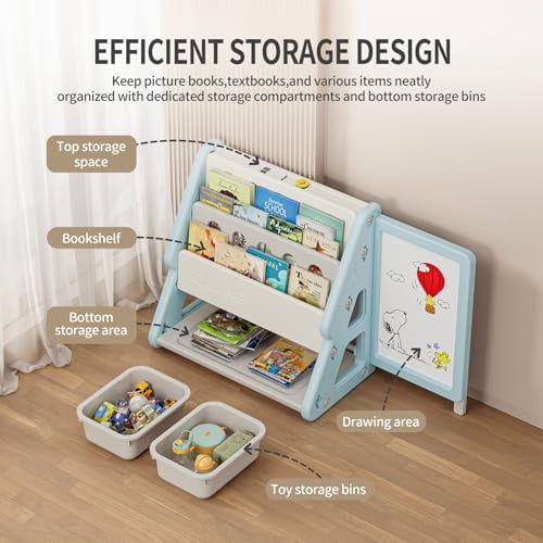 UNICOO® Toddler 3 in 1 Art Board Bookshelf and Organizer, 2-Tier Bookshelves with Storage Rack & Bins, Retractable Drawing Board, Lightweight & Compact for Nursery, Playroom(Blue & White)
