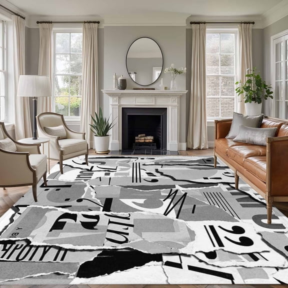 Large Area Rugs for Living Room Bedroom, Torn Paper 5'x8' Rug Washable Carpet Runner Indoor Outdoor, Vintage Abstract Collage Newspaper Art Non Slip Floor Mats Rug for Kitchen, Bathroom